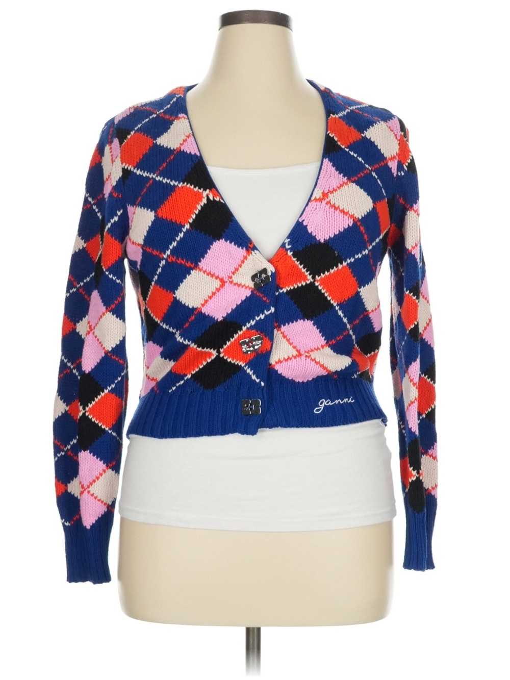 Ganni Blue Argyle V-Neck Cardigan with Pink and Red Accents - Picture 7 of 14